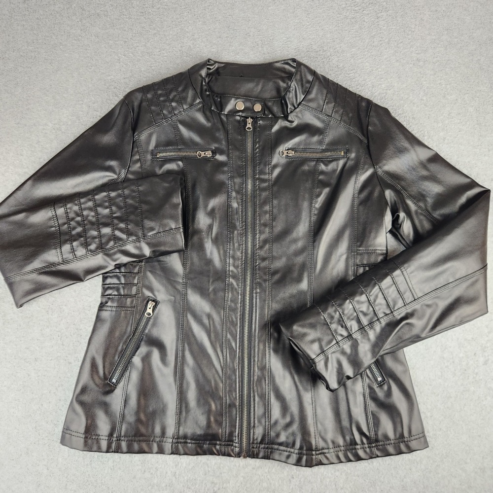 Black Faux Leather Cafe Racer Biker Jacket Quilted Details Mens 3XL